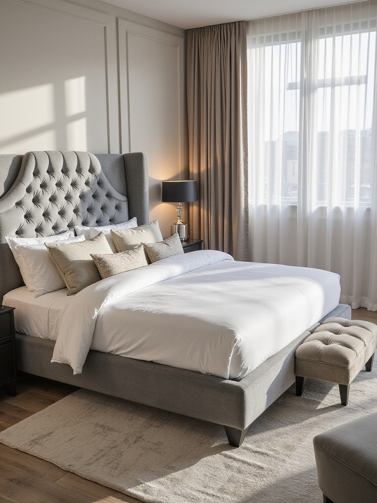 Luxurious gray velvet upholstered bed with tufted headboard in a bright, airy bedroom.
