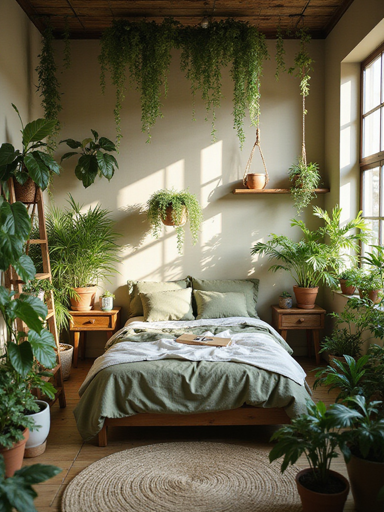 A serene urban jungle bedroom featuring lush green plants, a bed with earthy-toned linen bedding, and natural wood furniture, illuminated by soft natural light.