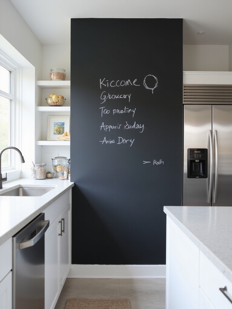 A modern kitchen featuring a black chalkboard paint accent wall with handwritten grocery lists and sketches, adding a functional and decorative element to the space.