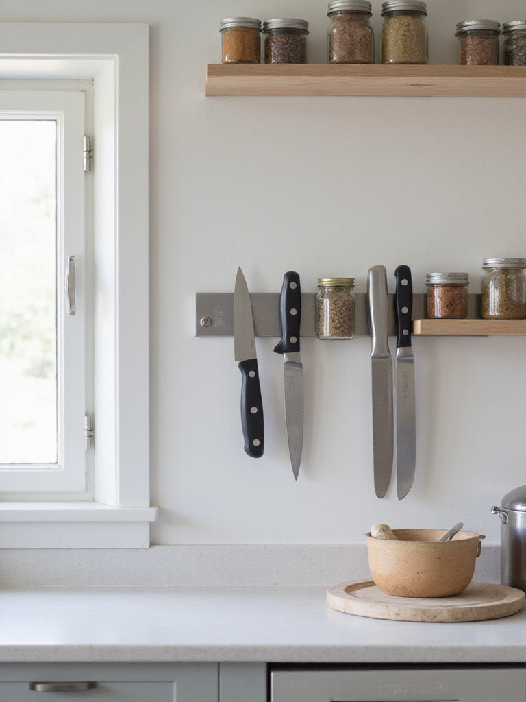 Modern kitchen wall with magnetic strip holding spices and knives organized