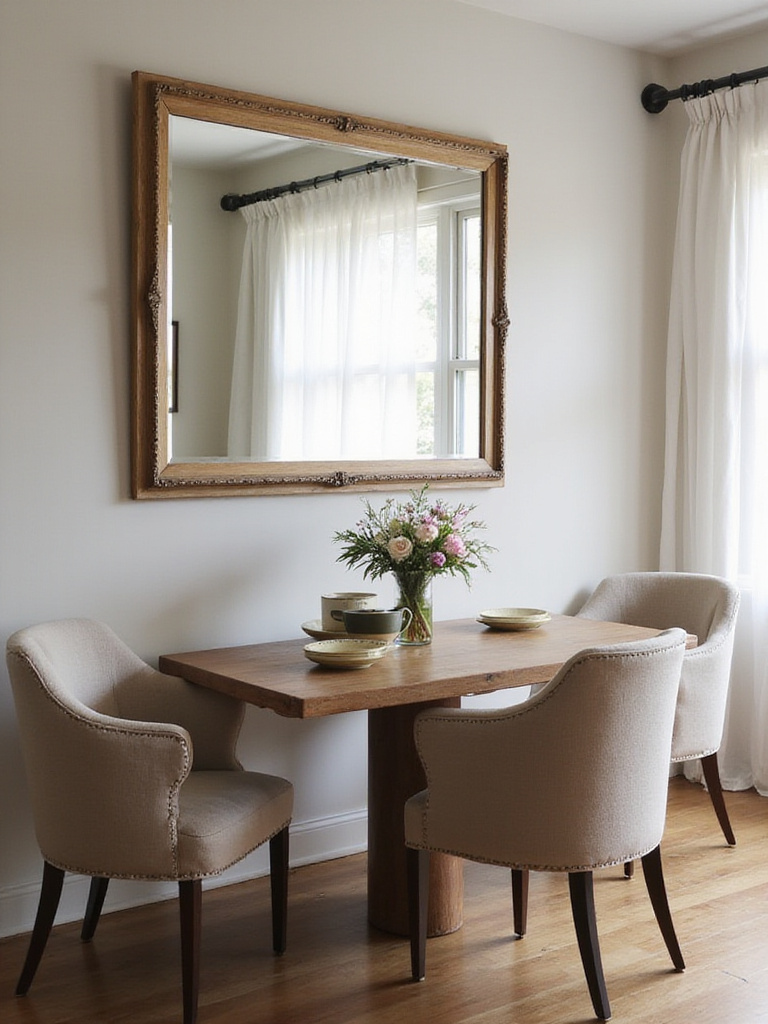 A strategically placed and securely mounted mirror in a dining room used to increase perceived space and brightness, considering pet safety.