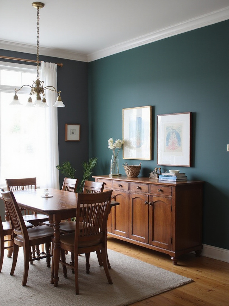 An accent wall in a dining room painted a darker, washable color to define the space and strategically hide pet hair or marks.