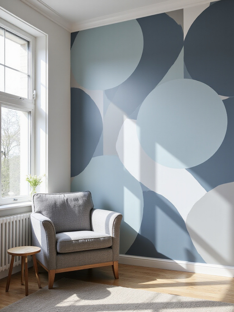 Living room accent wall with modern geometric peel-and-stick wallpaper.
