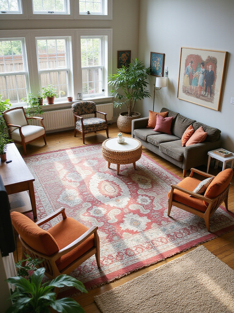 View of an eclectic living room utilizing multiple rugs of different styles and sizes to anchor furniture groupings and clearly define distinct functional zones within the open space.