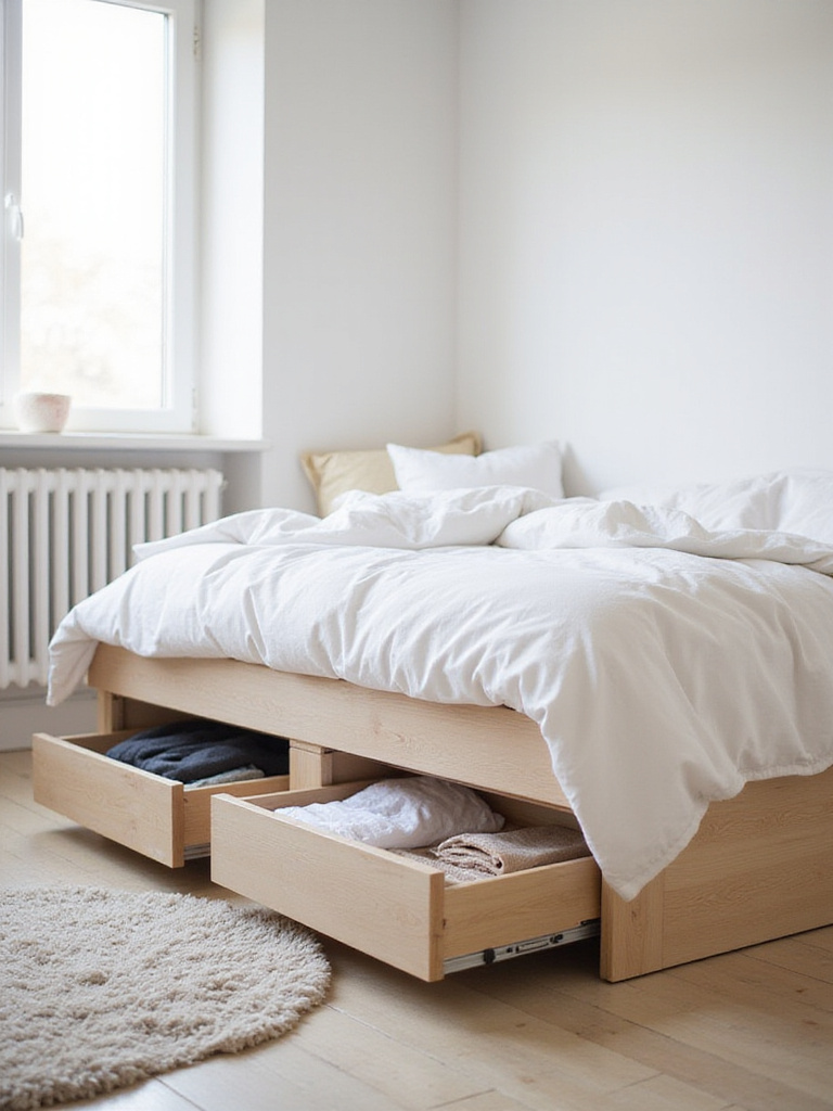 Under-bed storage drawers filled with clothing and bedding in a small bedroom.