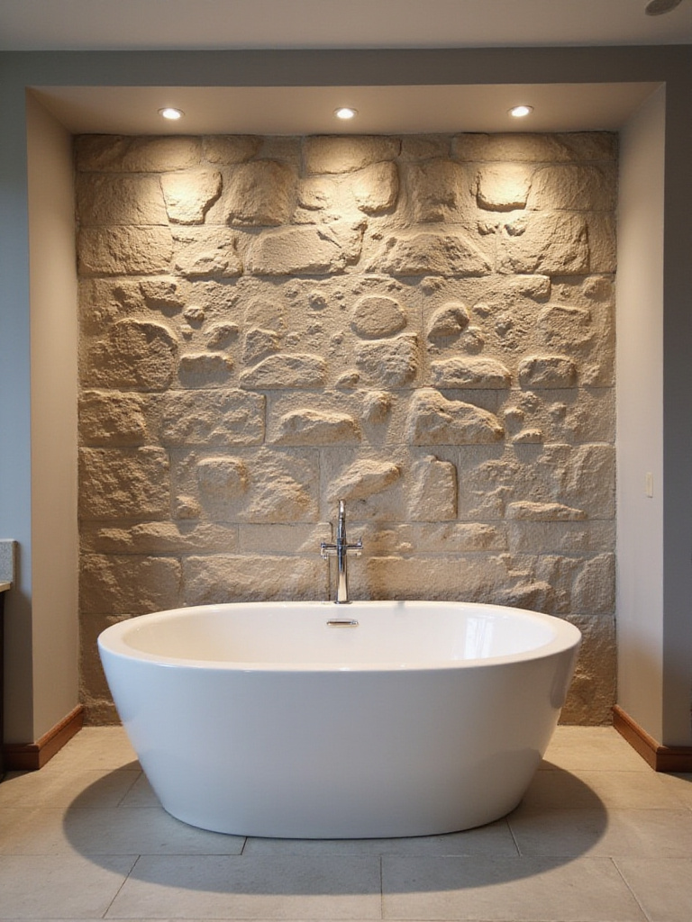 Bathroom with textured stone wall illuminated by wall washer lighting.