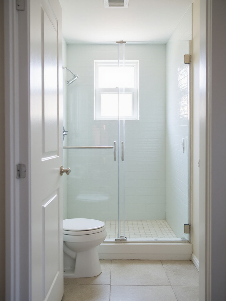 A small bathroom with a walk-in shower enclosed by a clear, frameless glass door, showing how the transparent glass makes the space feel larger and more open.