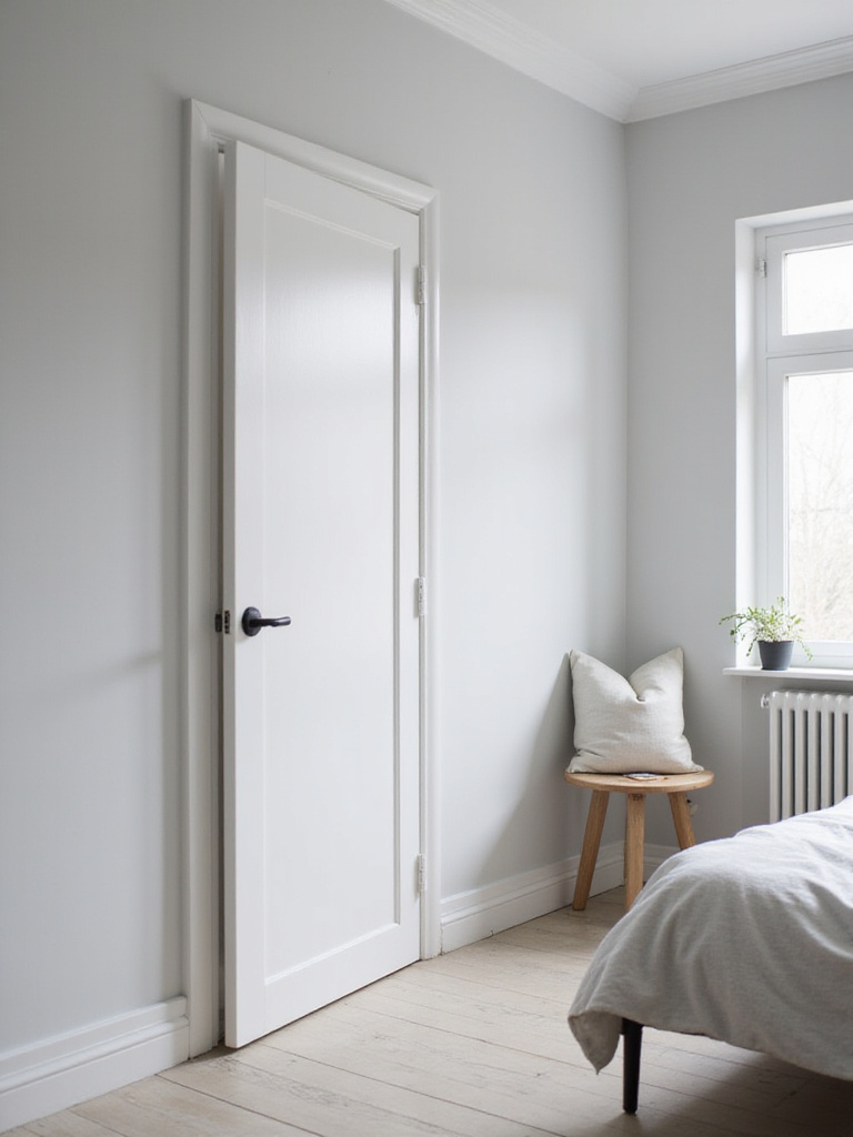 Small bedroom with partially open white pocket door leading to bathroom, maximizing space.