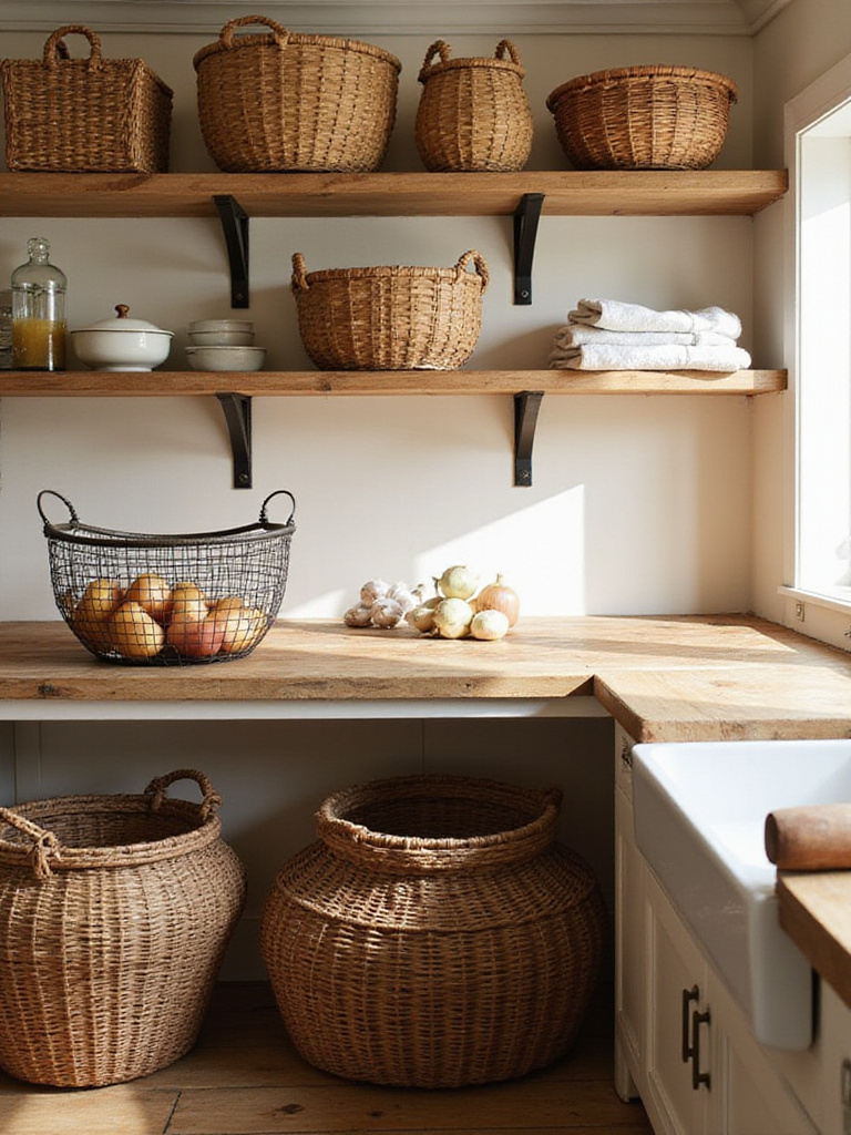 Rustic kitchen with open shelves and counters featuring various woven and wire baskets used for storing produce, linens, and kitchen essentials, enhancing the charming decor.