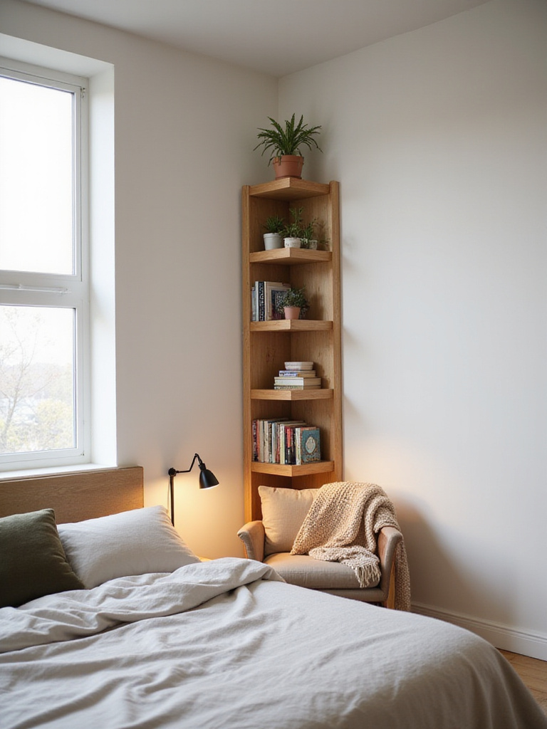 Small bedroom corner with shelving unit, armchair, and lamp.