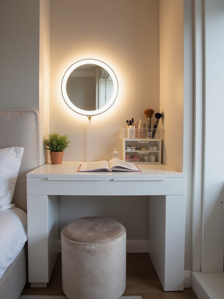 Elegant bedroom vanity nook with white table, LED mirror, and organized beauty products.
