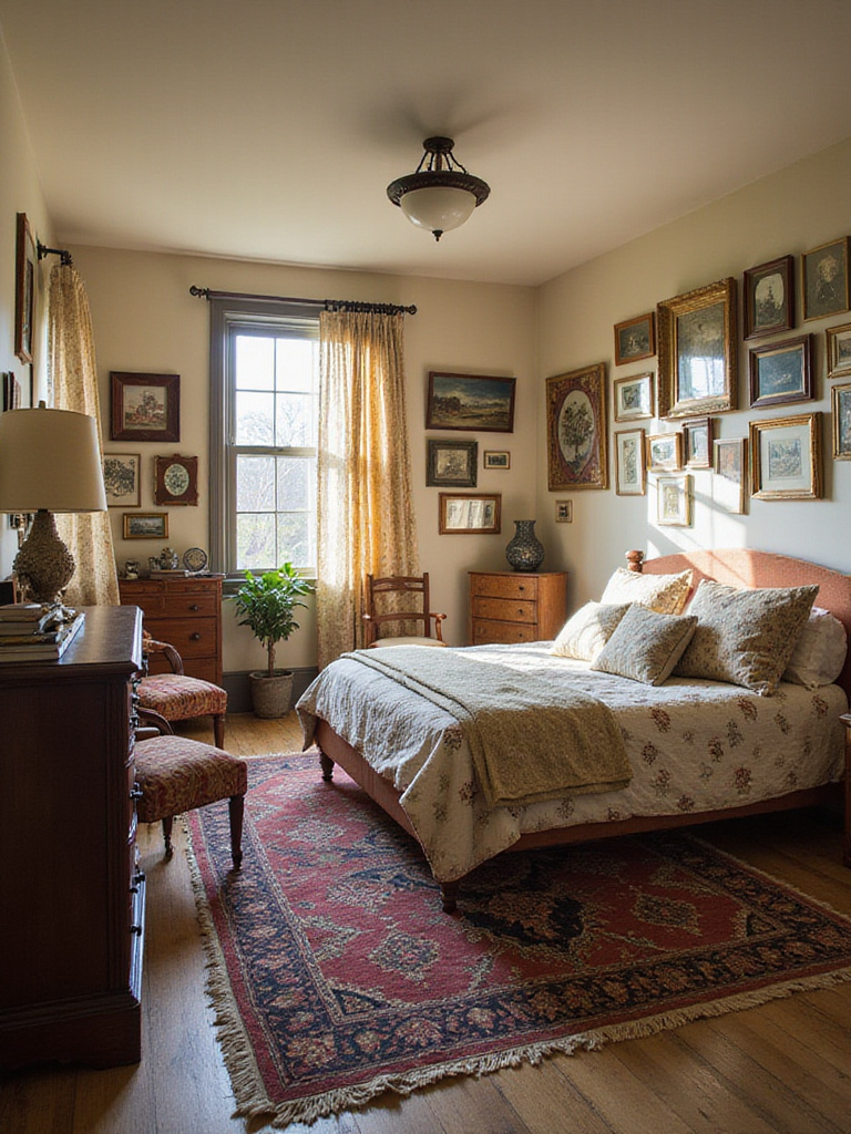 A cozy vintage eclectic bedroom featuring mixed furniture styles, layered textiles, a gallery wall, and unique antique decor under warm sunlight.