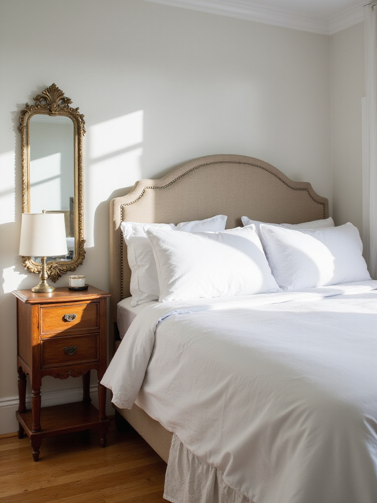 Bedroom with modern bed and vintage nightstand with antique mirror
