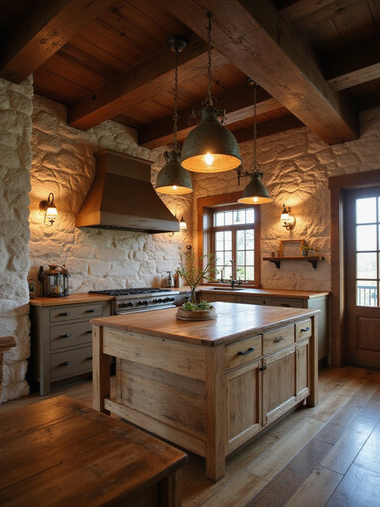 Rustic kitchen interior featuring exposed beams, stone walls, and a wooden island, illuminated by vintage industrial pendant lights and antique sconces.