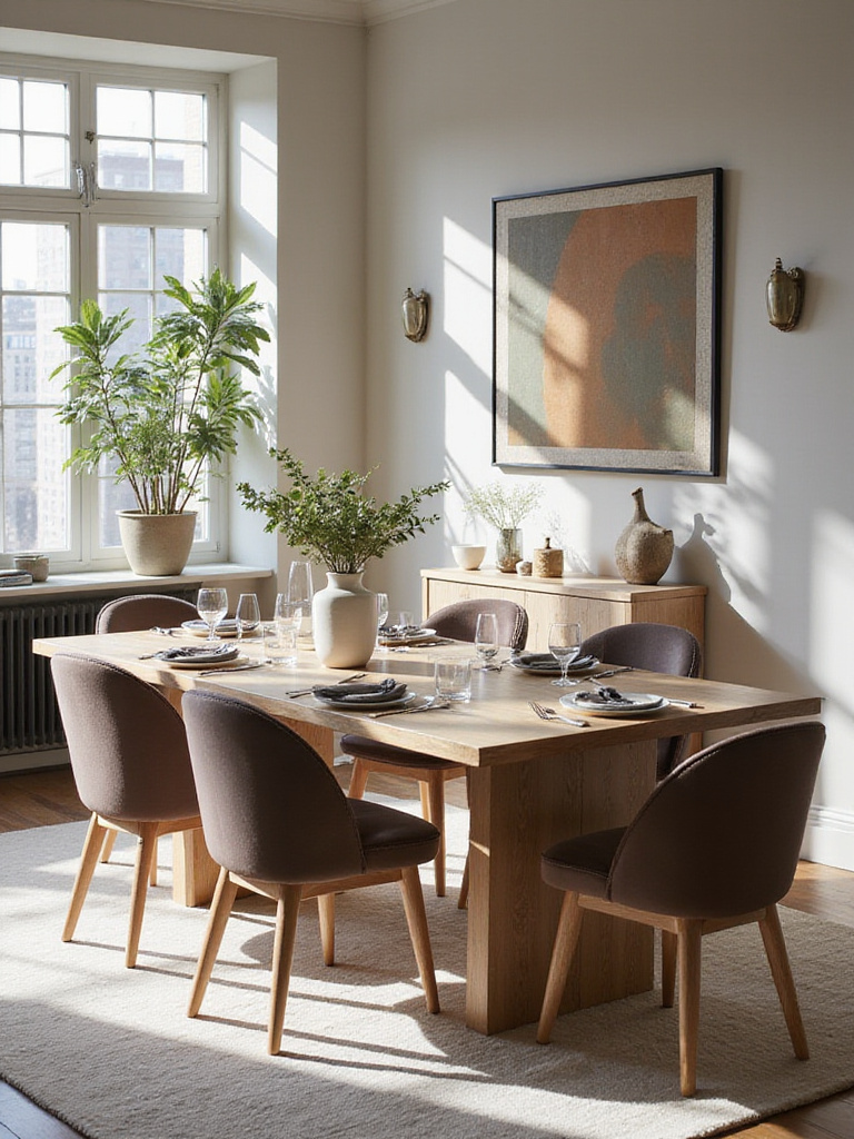Modern dining table in a well-decorated dining room with natural light