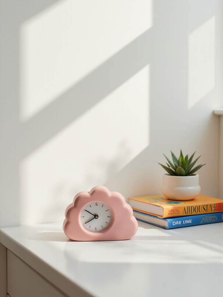 Pastel pink cloud-shaped alarm clock on a bedside table with succulent and books.