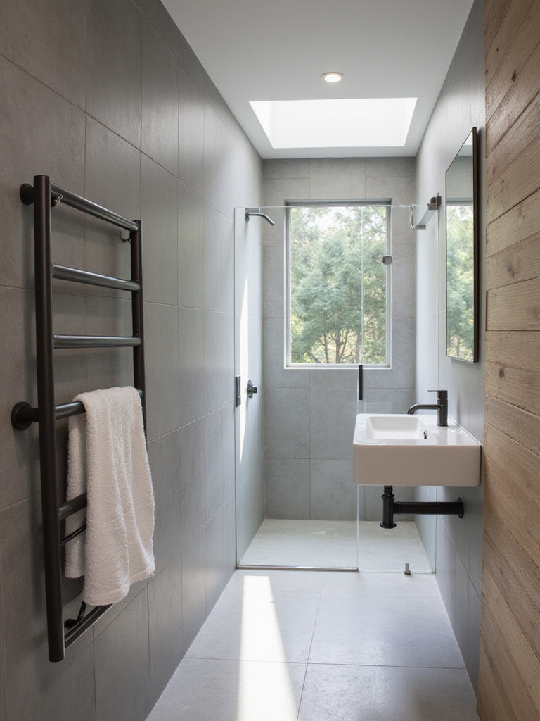 Sleek wall-mounted towel warmer in a modern grey and wood tile bathroom.