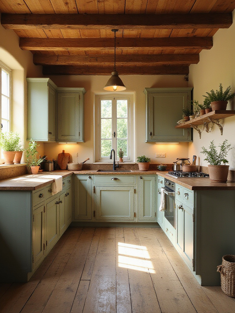 Rustic kitchen interior featuring a warm, earthy color palette with sage green cabinets, wood beams, and natural wood accents.
