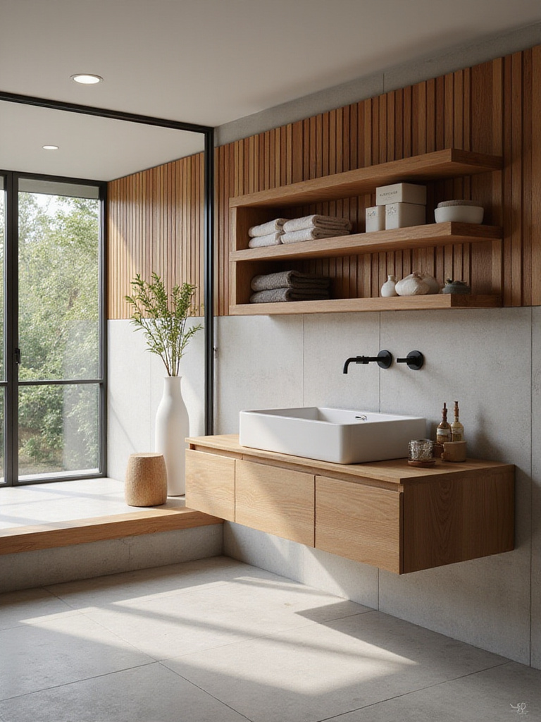 Modern bathroom featuring a floating natural wood vanity and open shelving against sleek tile walls, showcasing warmth and texture.