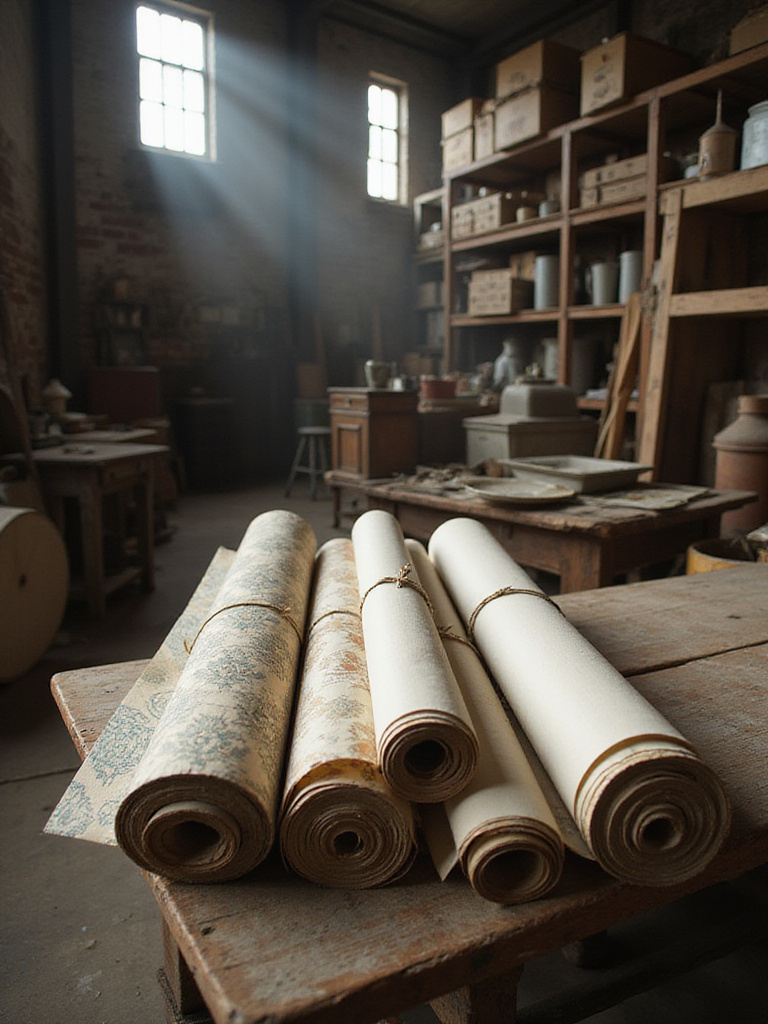 Rolls of authentic vintage wallpaper displayed on a table in an architectural salvage warehouse, showing various classic patterns and colors.