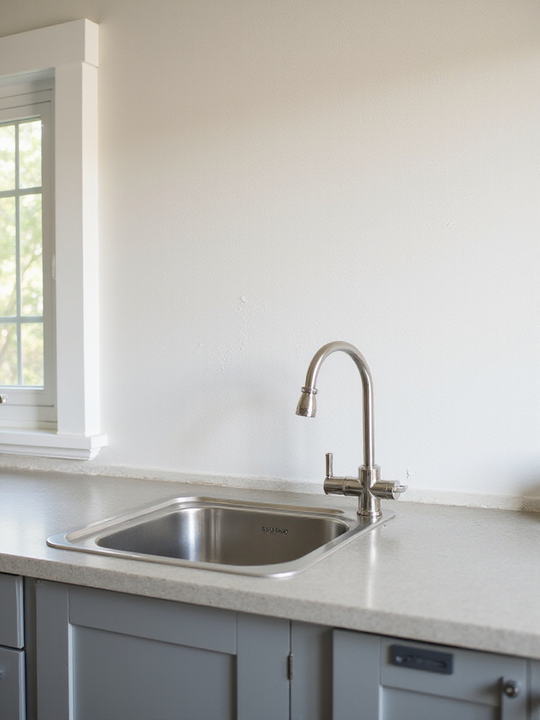 Kitchen counter behind a sink showing painted wall vulnerable to water and grease splatters, illustrating the essential protective function of a backsplash.