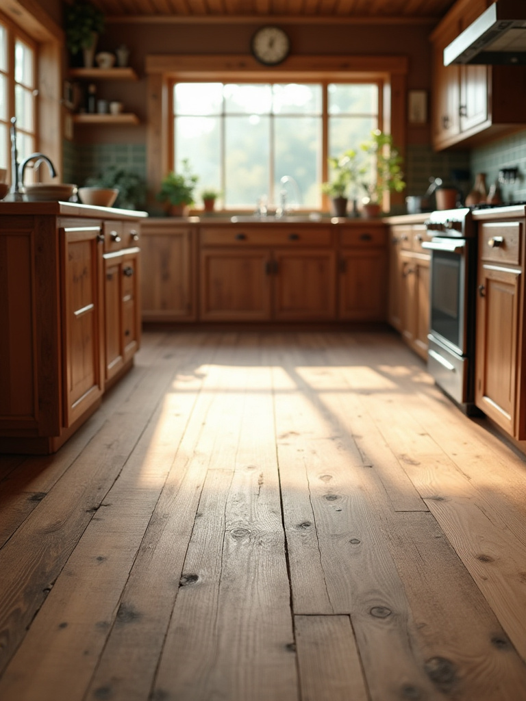 Wide plank wood flooring in a charming rustic kitchen with wooden island.