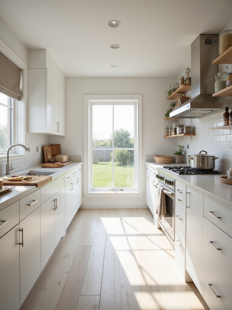 A modern kitchen showcasing different functional zones like prep, cooking, and storage areas to illustrate efficient organization and workflow.