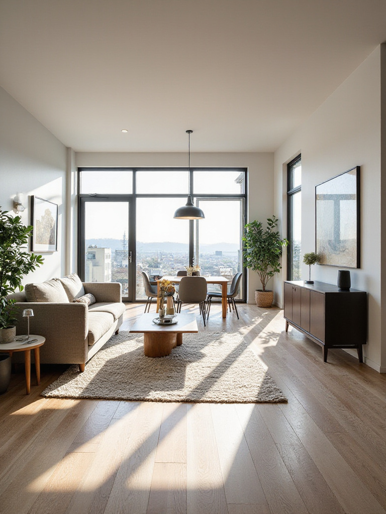 A large open-plan living room interior with distinct zones defined by furniture placement, area rugs, and lighting, creating functional areas for seating and other activities.