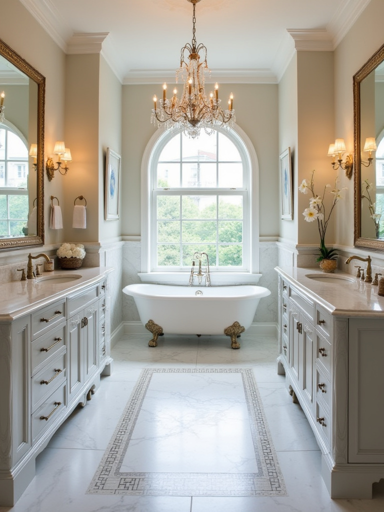 A luxurious traditional bathroom featuring a clawfoot tub, marble countertops, and elegant lighting.