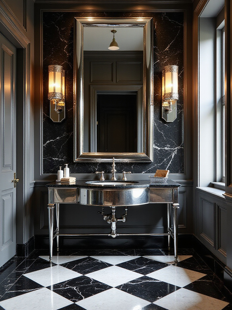 Luxurious Art Deco bathroom with chrome fixtures and marble accents