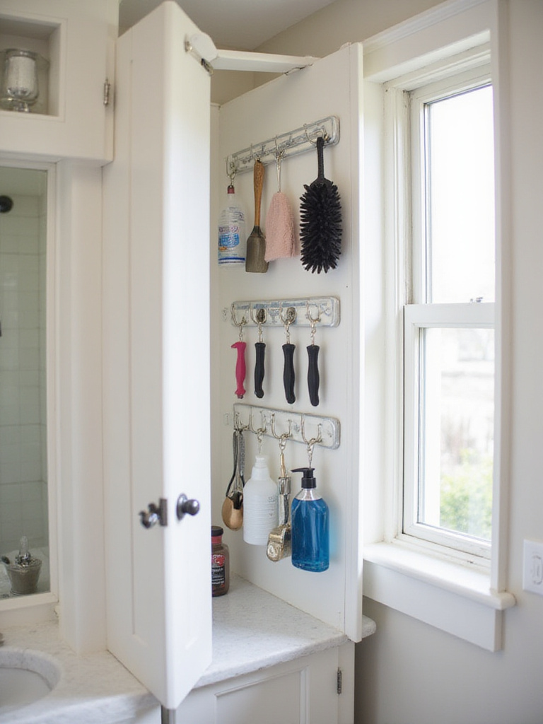 Organized bathroom cabinet with hooks behind the door for small item storage