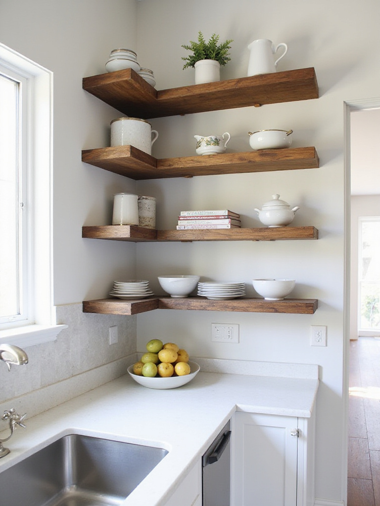 A modern kitchen with open shelving displaying curated dishware and decor, illuminated by natural light.