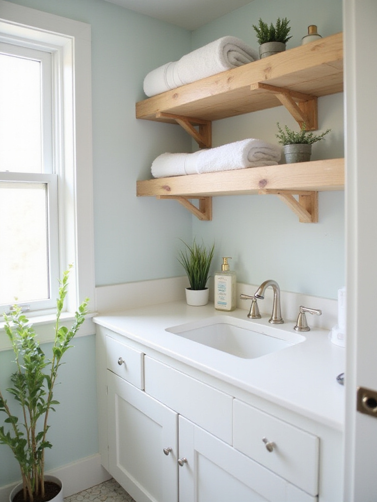 A stylish bathroom with open shelving displaying towels and decor.