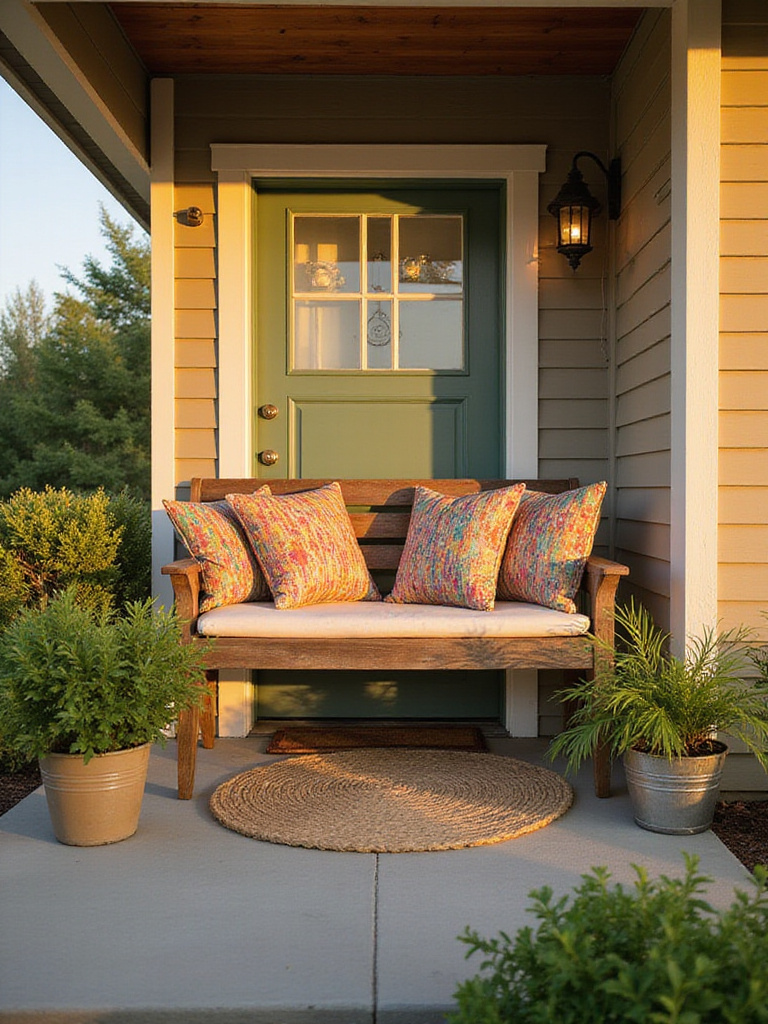 Cozy front porch with a small wooden bench and colorful pillows