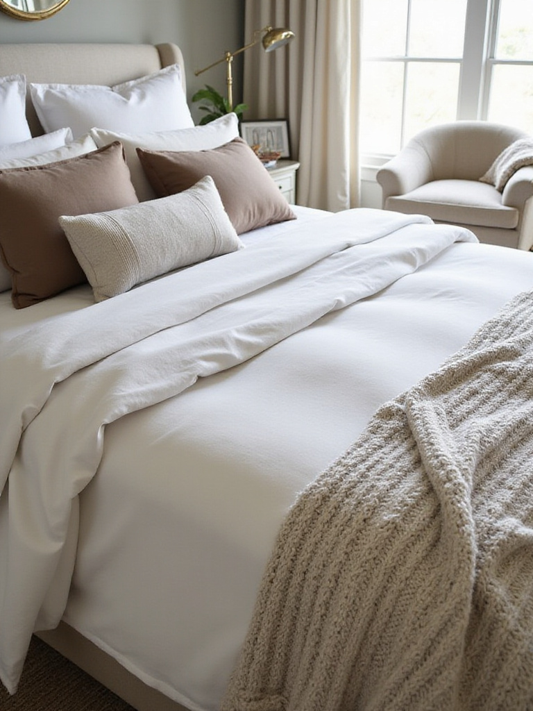 A luxurious bedroom with a beautifully styled bed featuring various accent pillows and a cozy throw.