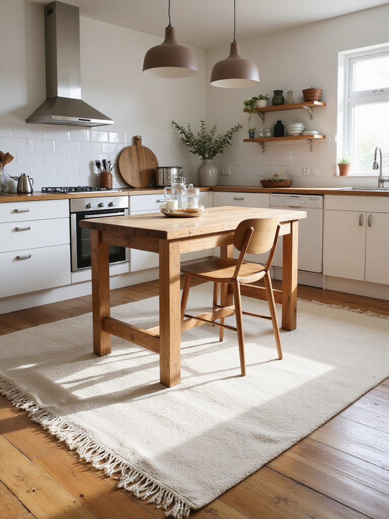 Scandinavian kitchen with textured rugs for a cozy atmosphere