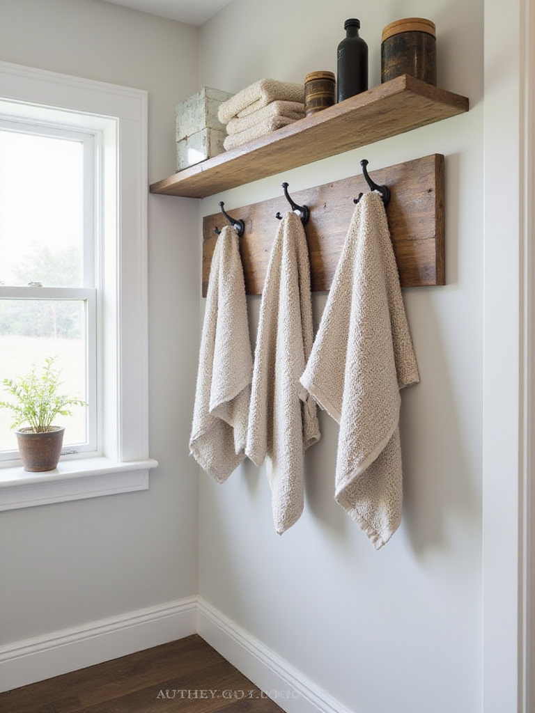 Farmhouse bathroom with wall-mounted hooks displaying textured towels.