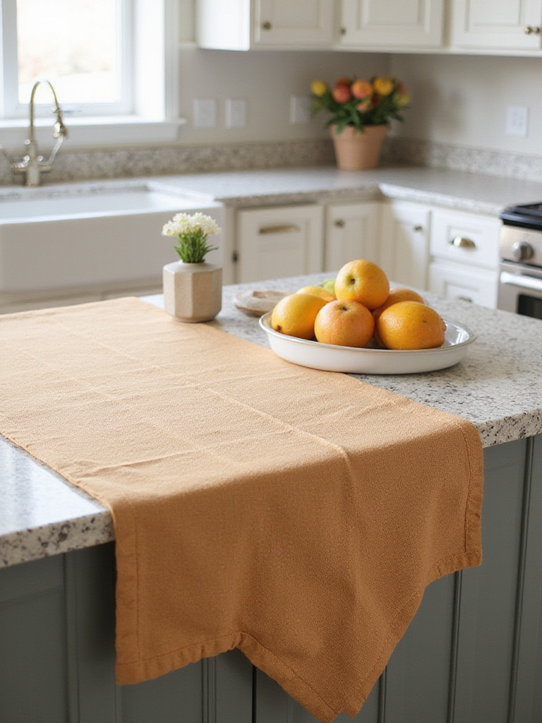 Stylish runner on kitchen island with decorative items