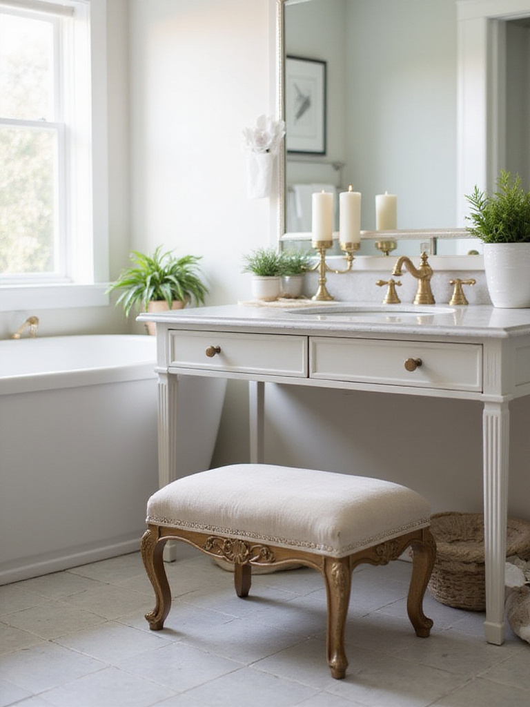 Chic vanity stool in a beautifully styled bathroom setting