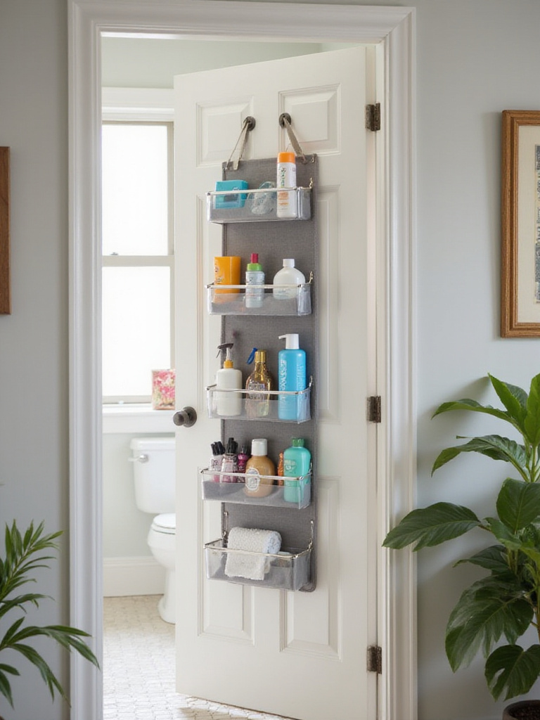Organized bathroom door with over-the-door organizer filled with essentials