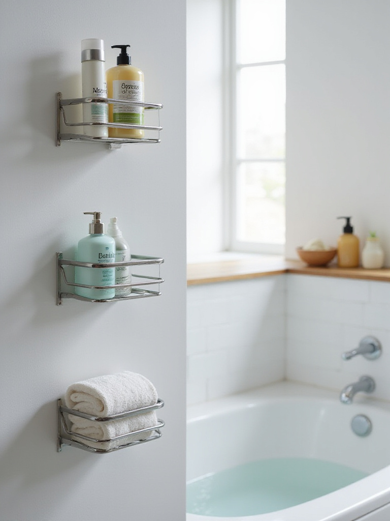 Modern bathroom featuring adhesive shower caddies filled with personal care products.
