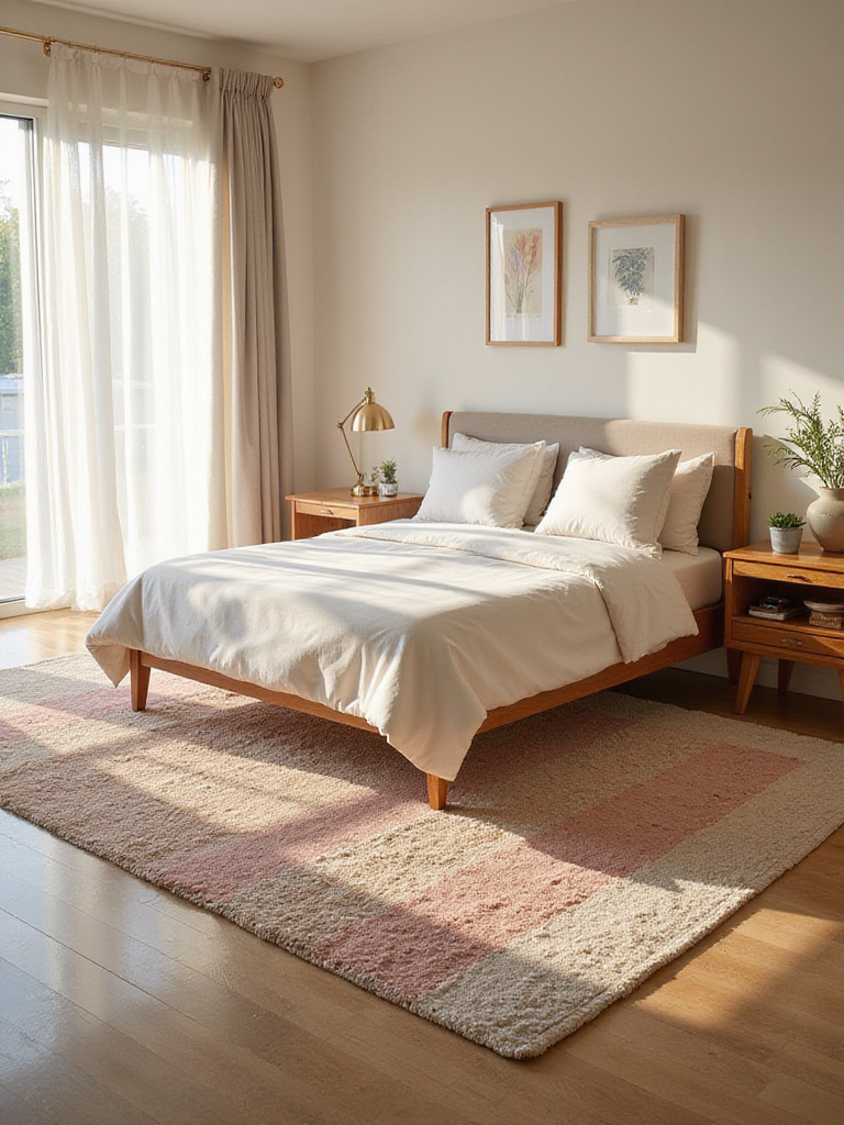 A beautifully styled bedroom showcasing a perfectly sized area rug under a king-sized bed, creating a cozy atmosphere.