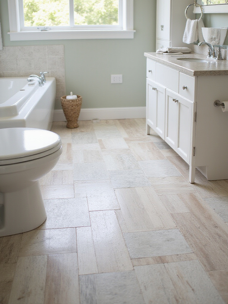 Renovated bathroom floor featuring peel-and-stick tiles in a modern design