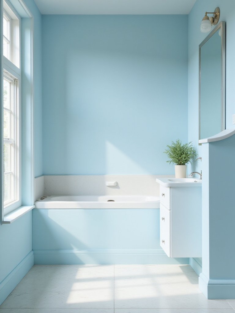 Freshly painted bathroom in light blue with elegant fixtures and natural light