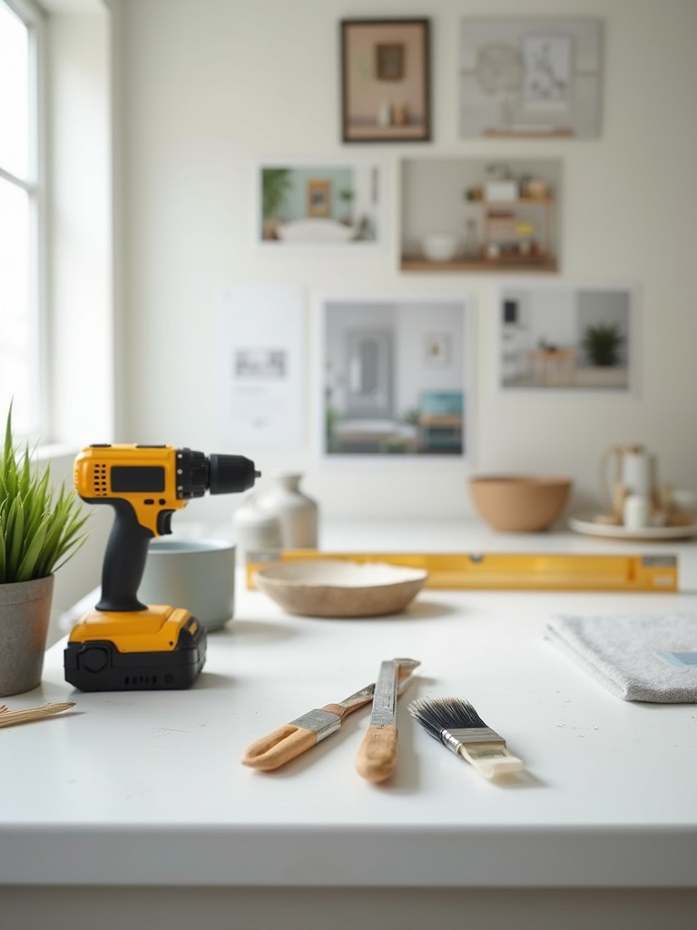Well-organized DIY workspace for bathroom remodeling with tools and design ideas.