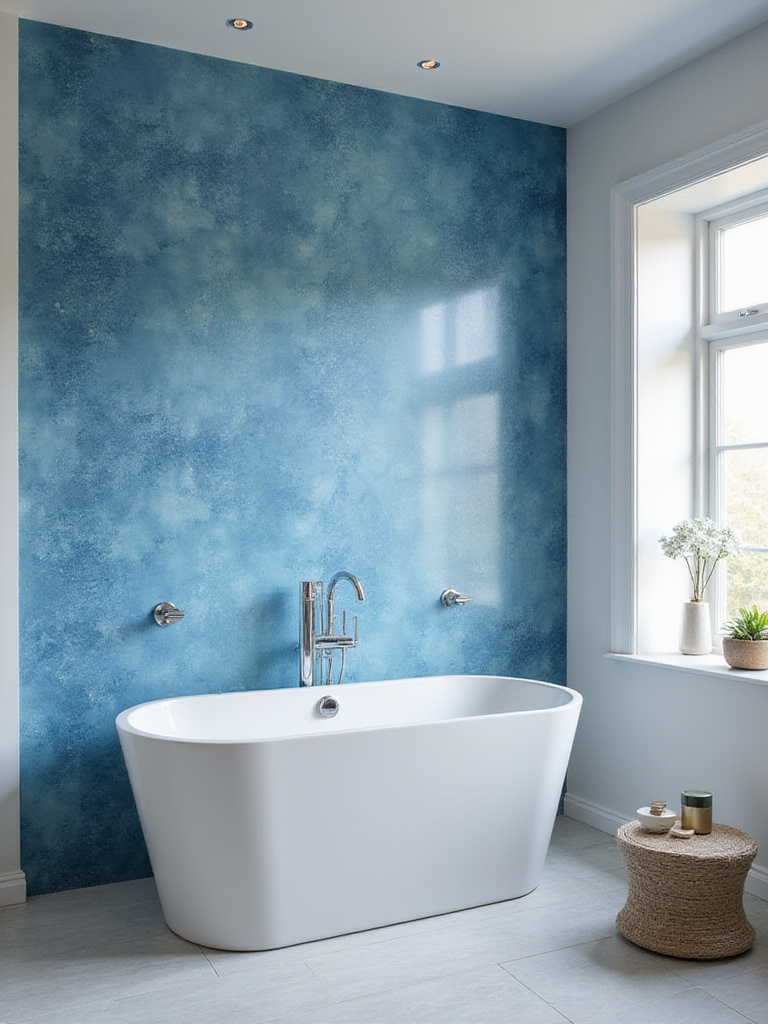 Modern bathroom featuring trending blue wallpaper design behind a freestanding tub.