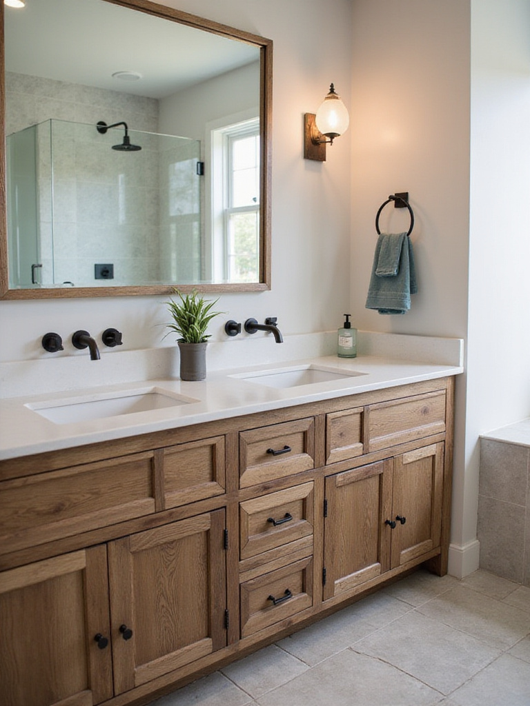 Farmhouse bathroom blending modern and rustic design elements