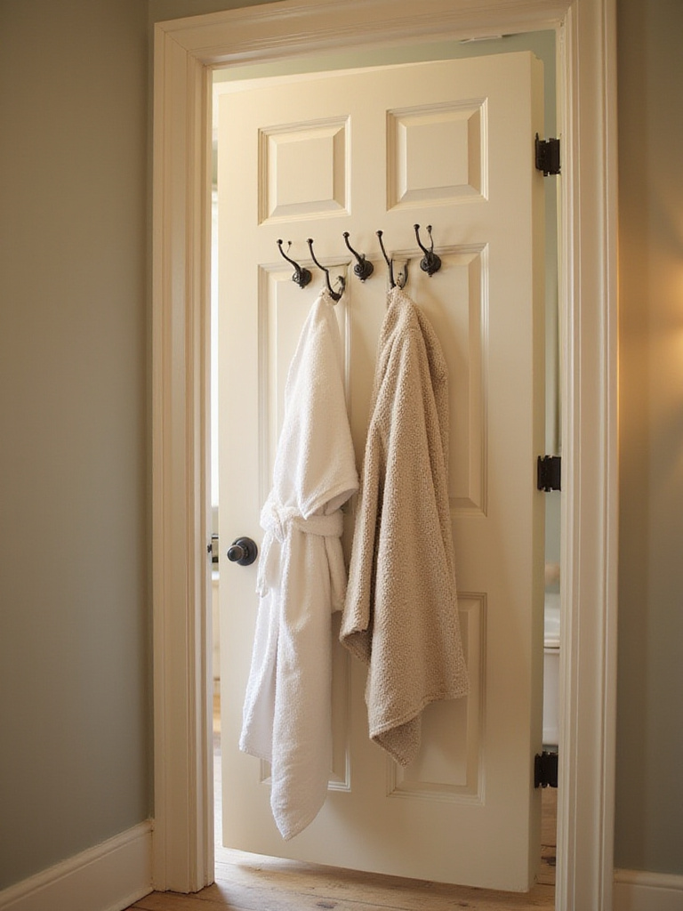 Stylish bathroom door with robe hooks for towel storage