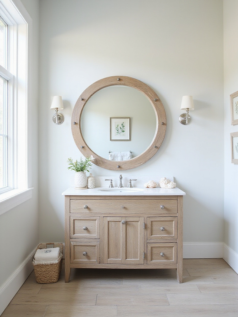 Serene coastal-themed bathroom with natural light and beach-inspired decor
