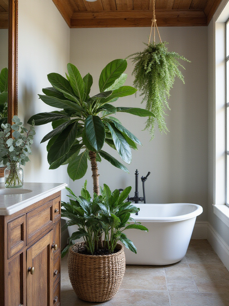 Rustic farmhouse bathroom with fresh greenery including a Fiddle Leaf Fig and hanging fern.